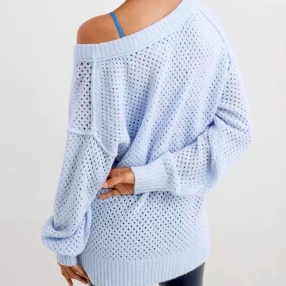 Aerie Chunky V Neck Sweater Oversized Slouchy Light Blue Size Small - Picture 2 of 13